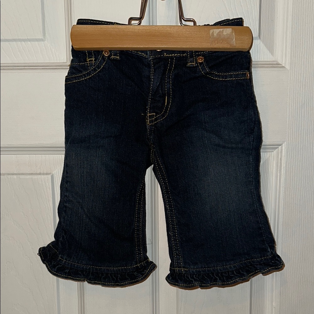 Dark Blue Jeans with Frayed Hem and Standard Waistband